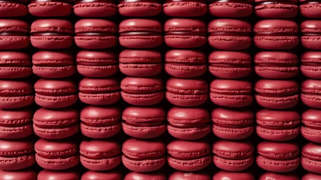 Rows of red macarons stacked neatly on dark background. Sweet french dessert pattern. Patisserie texture for bakery menu, confectionery shop and food design