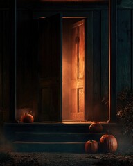 Obraz premium Haunted doorway with glowing orange light for Halloween
