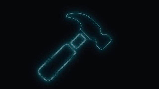 Hammer glowing with a vibrant cyan neon light against a dark background, creating a sleek digital industrial design concept.