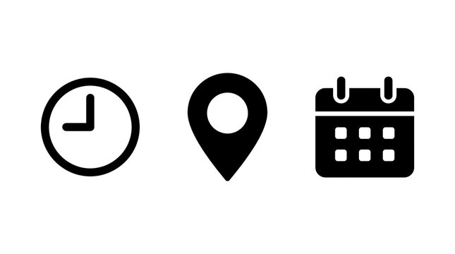 Minimalist black and white clock location pin and calendar date icons