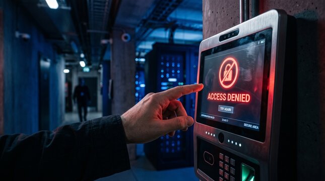 Close-up of a hand interacting with a modern biometric access control device displaying an access denied message in a secure server room. The futuristic security system features digital authentication