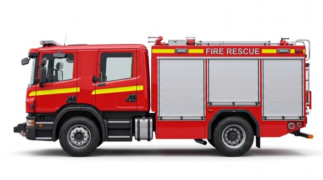 Bright red fire rescue truck with metallic shutters parked sideways positioned neatly on white background