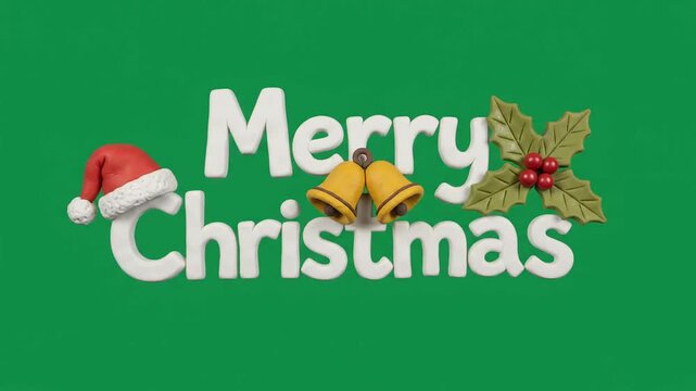 Merry Christmas animated clay text greeting with santa hat and bells for winter holiday video intros, festive greeting cards, and seasonal commercial advertising projects.