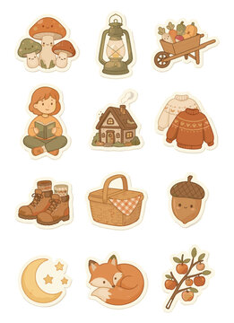 Cute Autumn Season Hand Drawn Vector Sticker Bundle