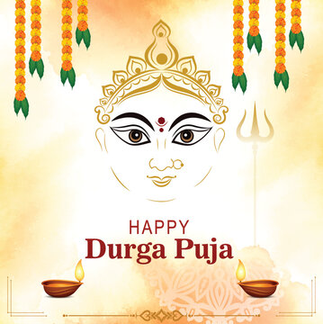 Happy durga puja devotional festival poster. Illustration durga face. Marigold flowers. Hindu traditional diyas, Mohadev trishul and , Yellow marigold garlands Indian festive design