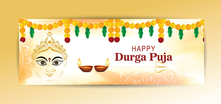 Happy durga puja greeting banner. Goddess durga outline illustration. Marigold flowers. Traditional diyas, trishul and , Yellow marigold garlands Indian festive design