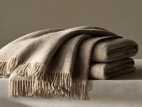 Soft beige wool throw blanket with fringes folded neatly in a cozy modern home interior setting