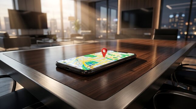 Smartphone displaying a 3D city map with red location pin on a wooden office conference table representing corporate logistics and business planning