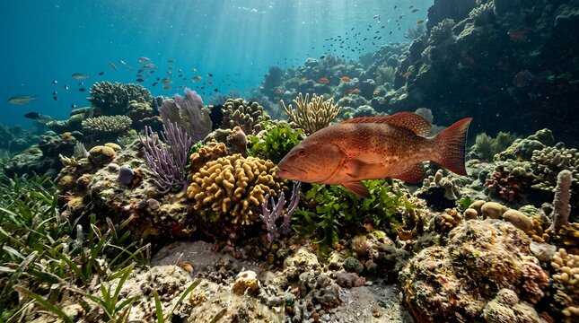 Large red grouper fish swimming over a vibrant coral reef under light