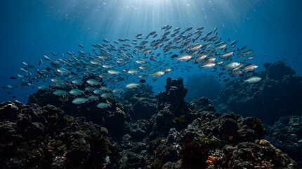 Fototapeta premium Large school of silver fish swimming over dark coral reef underwater