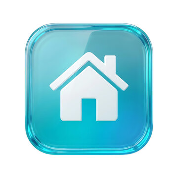 Home icon featuring a white house symbol inside a glossy blue glass frame for real estate, navigation, website, and digital interface design.