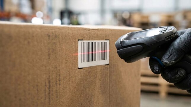 Close-up of a hand in a black nitrile glove holding a barcode scanner with a red laser beam directed at a barcode label on a cardboard box.