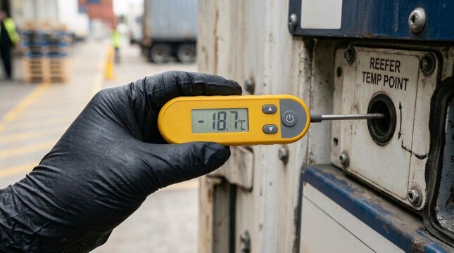 Worker wearing a black glove inserting a yellow digital thermometer probe into the temperature test point of a reefer container, displaying -18.7&deg;C.