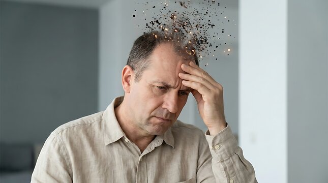 Middleaged man experiencing a severe headache or mental overload with a digital explosion effect above his head