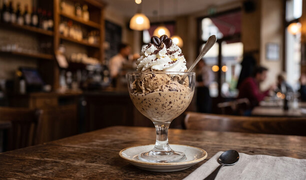 Traditional espresso stracciatella sundae with coffee gelato, chocolate flakes, whipped cream, and chocolate coffee bean garnish,dark oak bistro table,