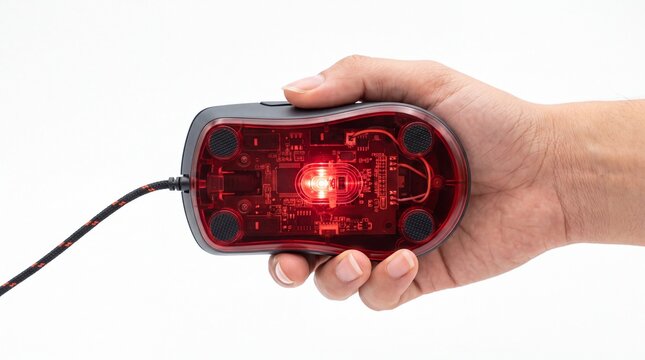 Transparent gaming mouse held in hand showing red internal LED light circuitry on white background