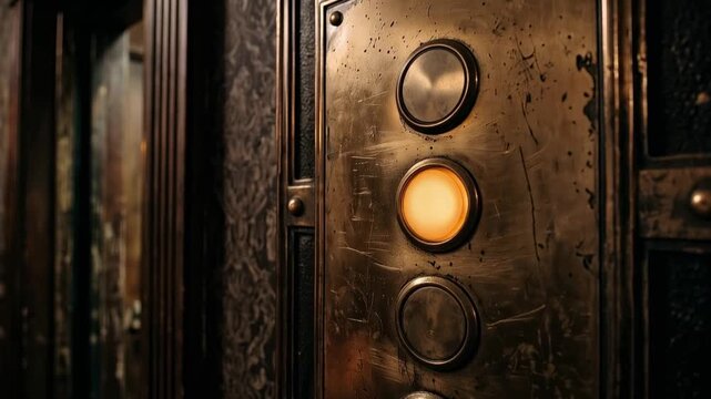 Vintage brass elevator buttons with glowing orange light in old building hallway. Camera zooms on retro lift call panel.