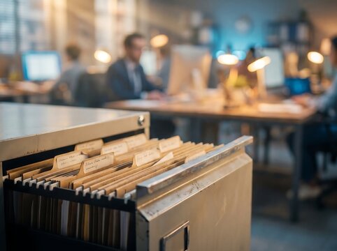 Hand Opening File Cabinet Drawer with Manila Folders in Modern Office. Business Records Management, Document Archive, Data Storage, and Corporate Organization Concept.