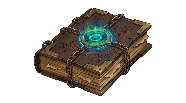 Ancient magical spell book bound in chains with glowing green runes and metal embossed covers for fantasy roleplaying game items or mystical icons.