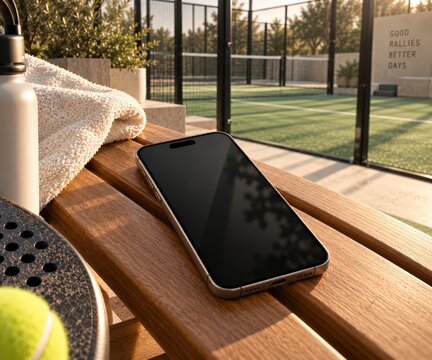 Smartphone Mockup with Blank Screen on Wooden Bench Beside Padel Racket and Water Bottle, Outdoor Sport Scene