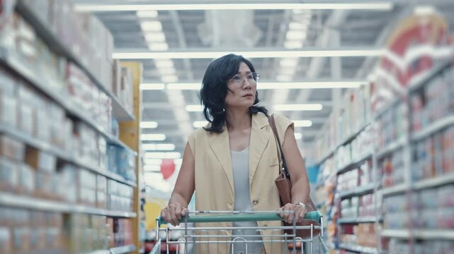 Slow Motion of Mature Woman Shopping for Groceries in a Supermarket Aisle