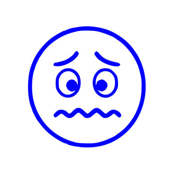 A minimalist blue vector illustration of an emoji face with a wavy mouth and downcast eyes expressing anxiety, nervousness, or worry.