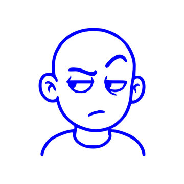 A simple blue line art illustration of a bald person showing a sceptical, suspicious, or unimpressed facial expression.
