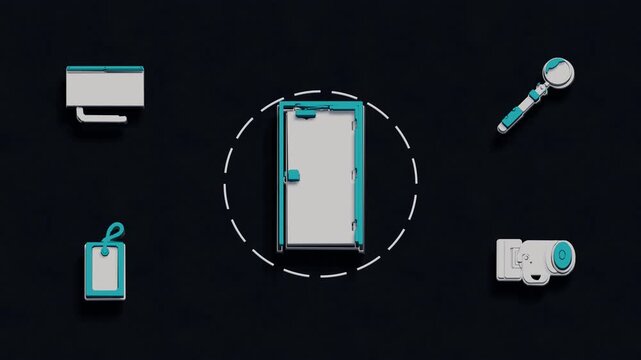 Fire door inspection confirms latch engagement and smoke containment in the corridor, then assigns a follow-up tag for corrective action. Flat 3D style with smooth matte surfaces.