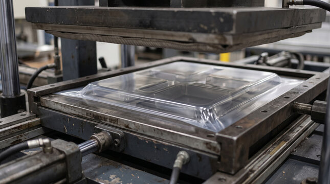 Extreme close up of industrial vacuum forming machine shaping plastic container, automated equipment molding packaging tray from heated sheet material in mass production facility, modern plastic