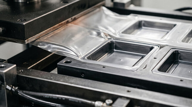 Extreme close up of industrial vacuum forming machine shaping plastic container, automated equipment molding packaging tray from heated sheet material in mass production facility, modern plastic