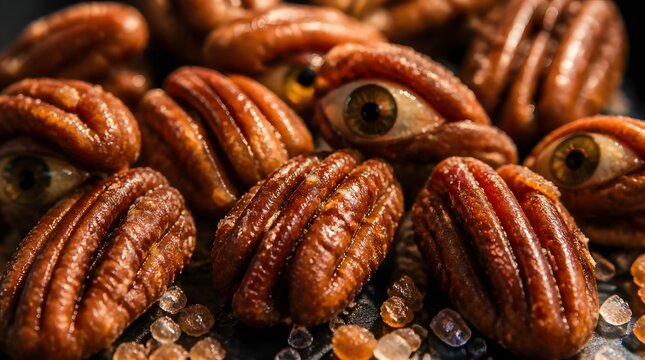 Surreal pecan nuts with realistic human eyes peering out