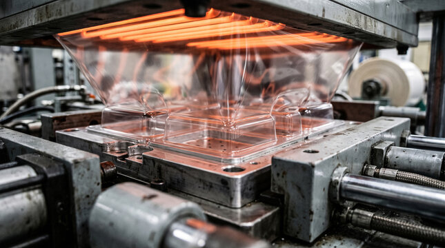 Extreme close up of industrial vacuum forming machine shaping plastic container, automated equipment molding packaging tray from heated sheet material in mass production facility, modern plastic