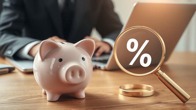 A pink piggy bank on a wooden table with a magnifying glass showing a percentage symbol and a person working on a laptop in the background