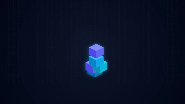 A minimalist digital 3D render featuring a cluster of cyan and purple isometric cubes floating in a dark void. This motion graphic element represents data processing, blockchain technology, or modular