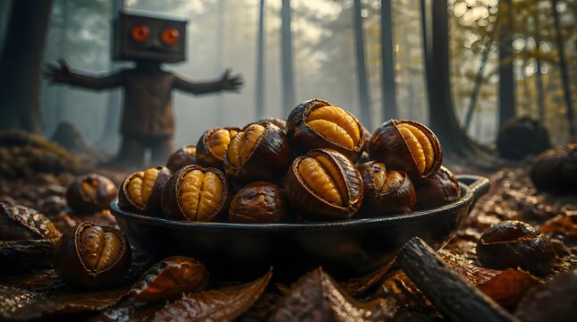 Roasted chestnuts in a bowl with a robot character in a misty forest
