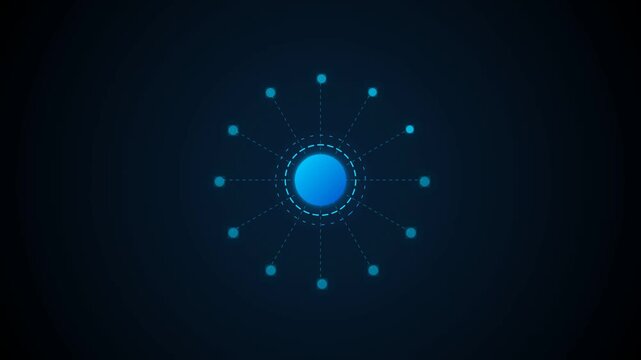 A sophisticated radial digital interface featuring a glowing blue central core connected to peripheral data nodes by sleek lines. This minimalist motion graphic element represents connectivity, networ