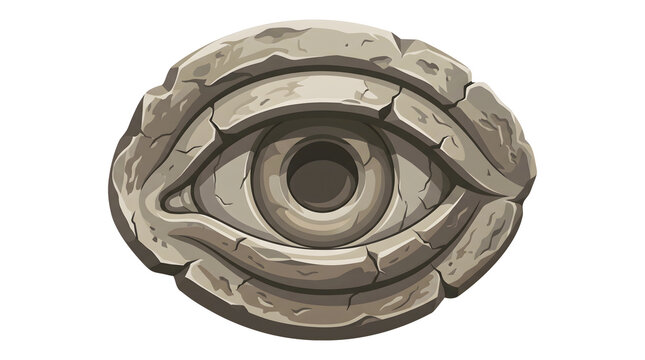 Ancient stone eye carving with cracked rock texture for mystical symbol or surveillance concept design element isolated on transparent background.