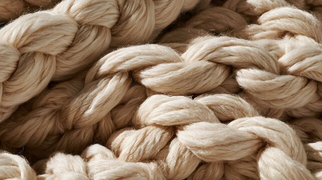 Closeup of a chunky knit beige wool blanket texture