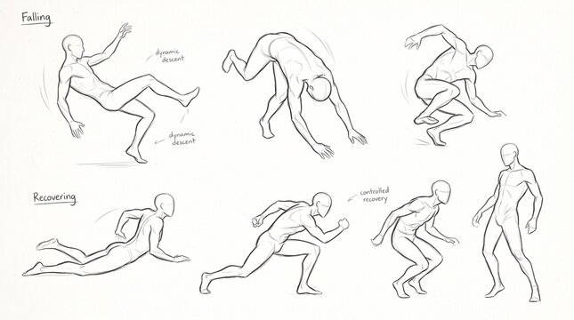 Anatomy reference sheet showing various human poses for falling and recovering from a fall.
