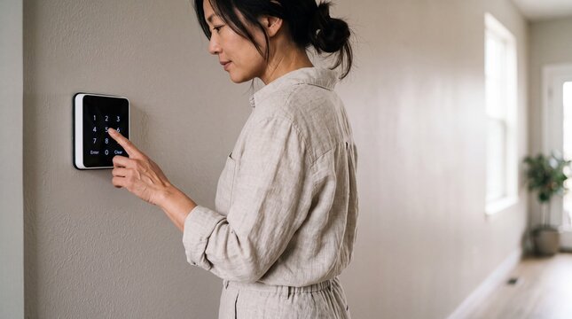 Adult asian woman entering pin code on digital security system wall panel in modern hallway. Resident activating smart home alarm console for property protection.