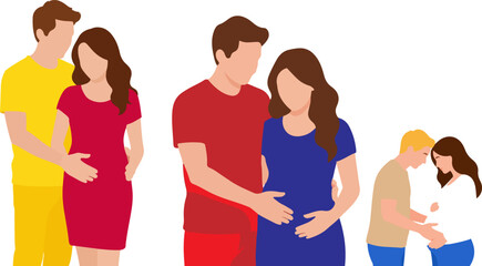 Fototapeta premium Pregnant woman with partner vector set, expecting couple flat illustration, maternity and parenthood concept icons for healthcare and family blog