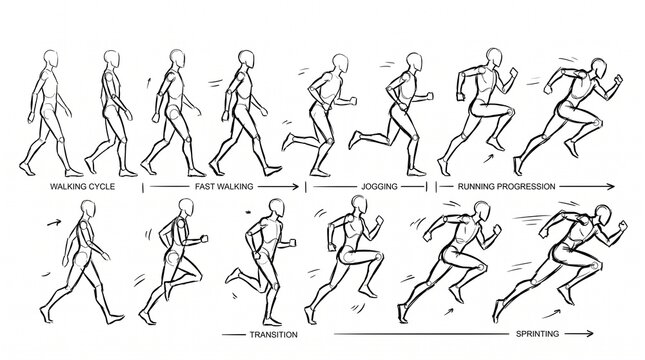 Anatomical study of human movement showing walking, jogging, and sprinting progression in a sequence of sketches.