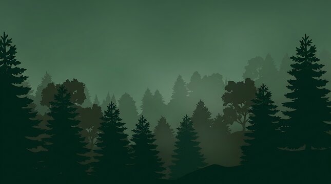 Minimalist forest landscape illustration with layered pine trees silhouetted against a foggy green atmosphere