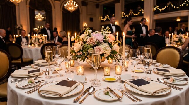 Elegant formal table setting in a luxury ballroom with a beautiful rose floral centerpiece candles and crystal glasses for a gala dinner or wedding reception.