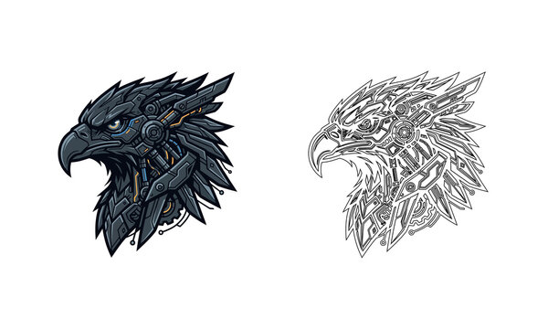 Cybernetic eagle head illustration with mechanical details and futuristic robotic design style