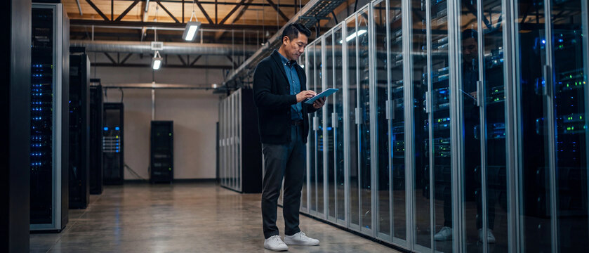 An engineer checks server racks in a data center.