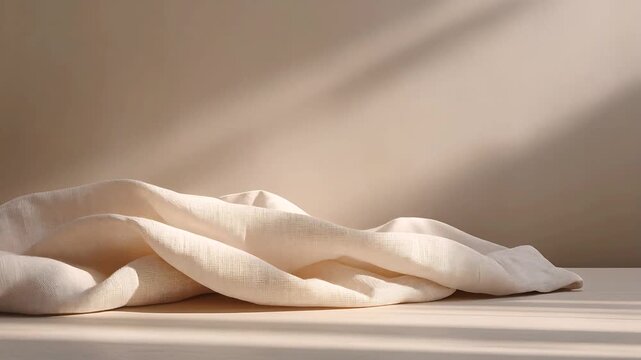 Soft Fabric Texture: A delicately folded cream-colored fabric lies on a surface, casting soft shadows and illuminated by gentle sunlight filtering through unseen foliage.