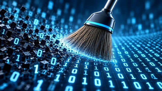 Digital data cleanup concept a broom sweeping away binary code cubes and numbers in a futuristic blue digital environment