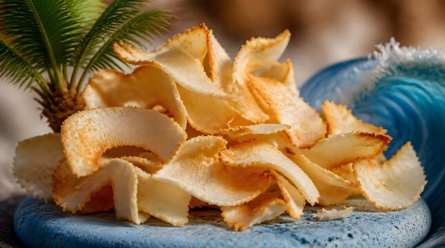 Crispy toasted coconut chips on a tropical beach setting