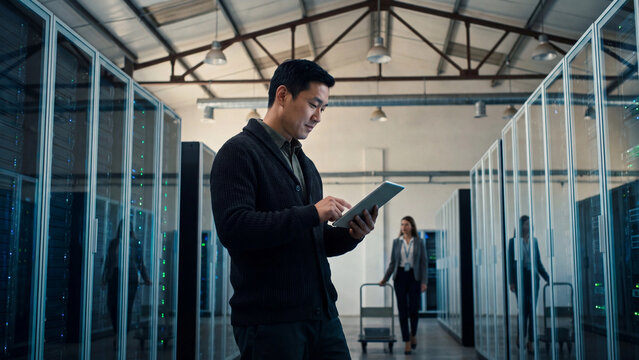 A man with a tablet in a data center among server racks. Cloud server concept.